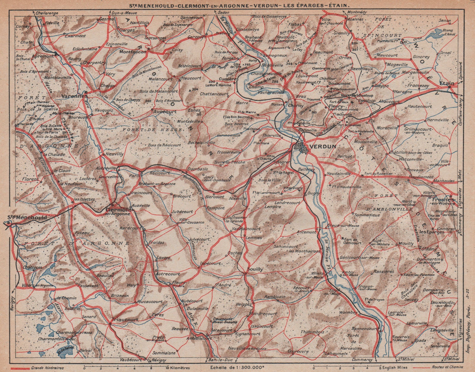 VERDUN ENVIRONS.Cotes de Meuse.Foret Hesse/Argonne.Ste Ménehould Étain 1922 map